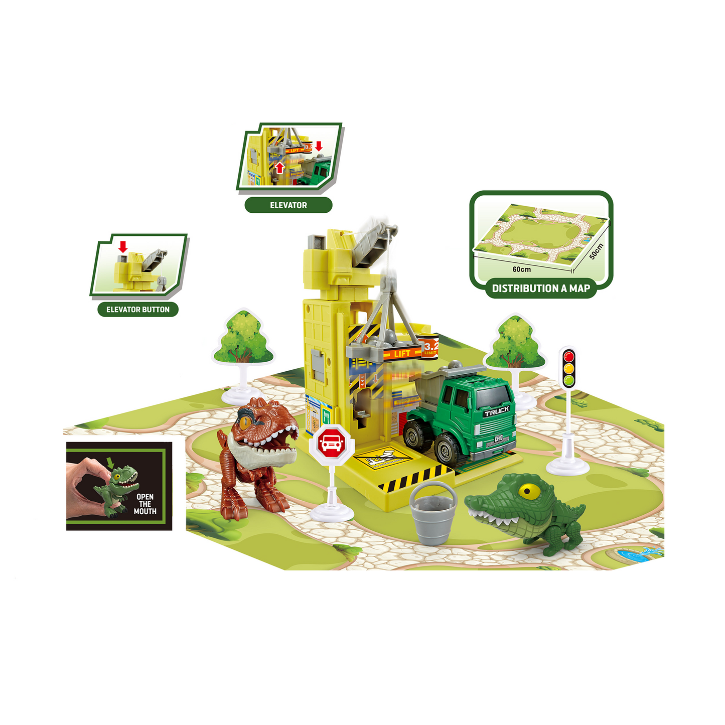 TOYBILLION Dinosaur Parking Playset with 2 Finger Dinosaurs, 1 Car and 1 Map