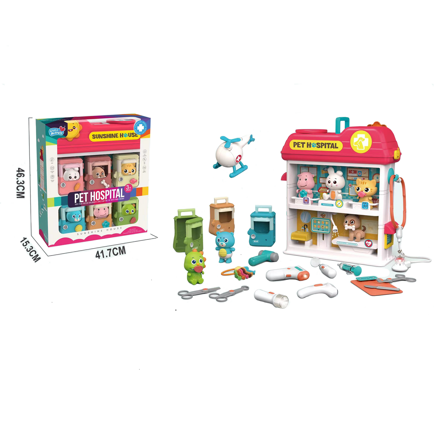 TOYBILLION Pet Hospital Playset Pretend Play Toy Medical Kit, Includes 6 Pets, 6 Pets' Box, 1 Plane, 13 Medical Kits and 1 Hospital