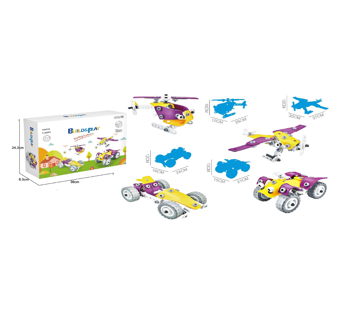 TOYBILLION STEM 4-IN-1 100 Pieces Building & Play Kits Educational Learning Toys for Boys & Girls