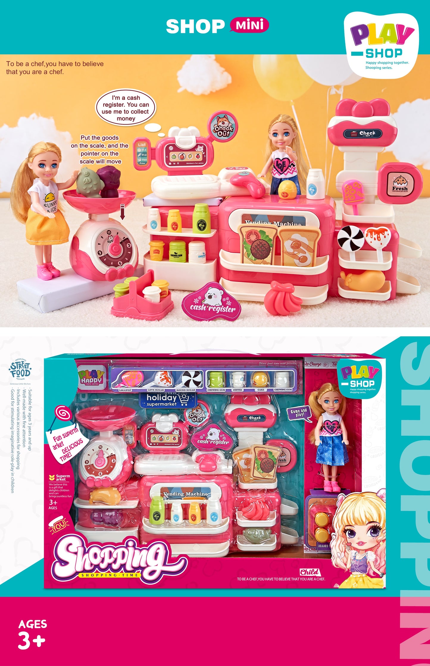 TOYBILLION Doll Play Set: Sales Stand, Register, Weight & Food