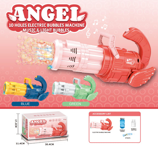 TOYBILLION 10 Holes Angel Bubble Machine with Light &Music (60ml Bubble Solution & Strap)