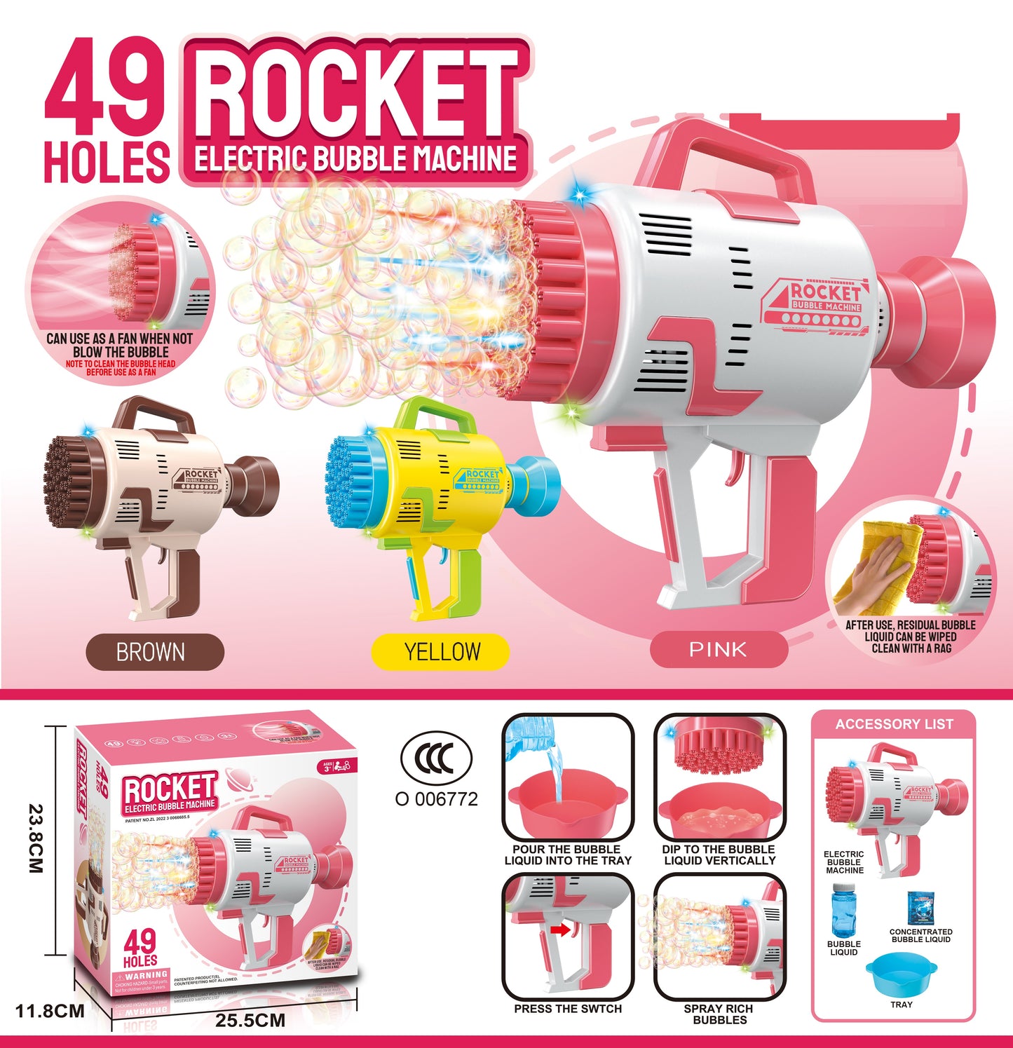 TOYBILLION 49 Holes Rocket Bubble Machine with Light