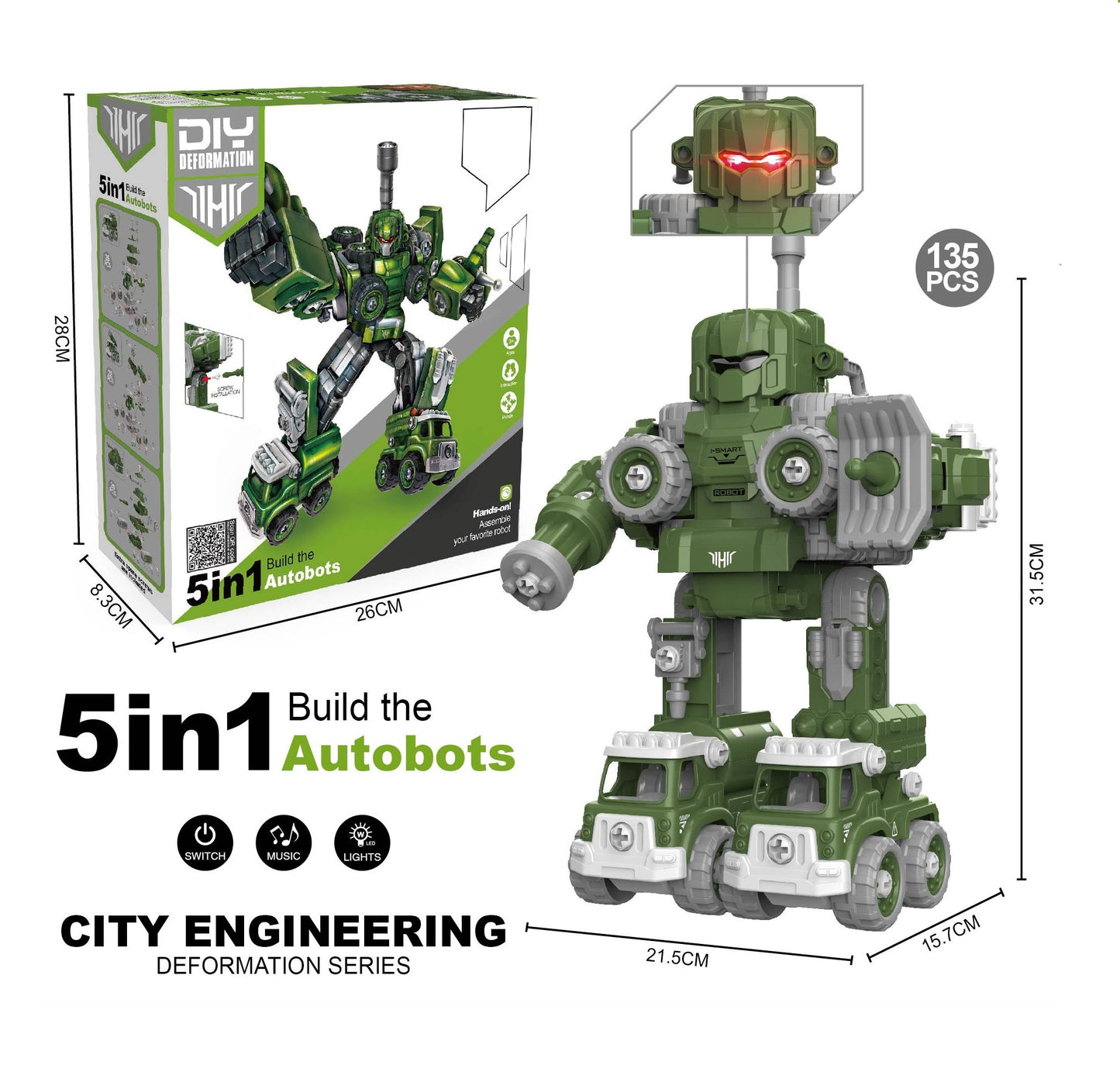 TOYBILLION 5-in-1 DIY Robot Construction/Fire/Military Vehicles Set with Light and Music,Educational STEM Toys Transforming Robots for Kids