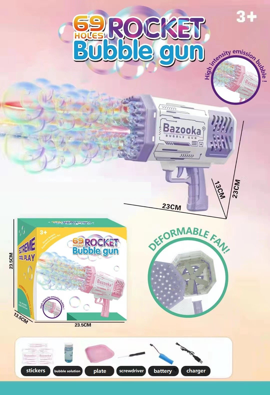 TOYBILLION 69-Hole Bubble Gun Automatic Bubble Maker with Bubble Solutions, Plate, Screwdriver, Battery and Charger