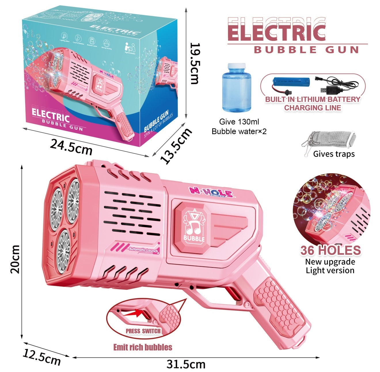 TOYBILLION 36 Holes Bubble Gun with 130ml  Bubble Solution*2, Battery & Charger