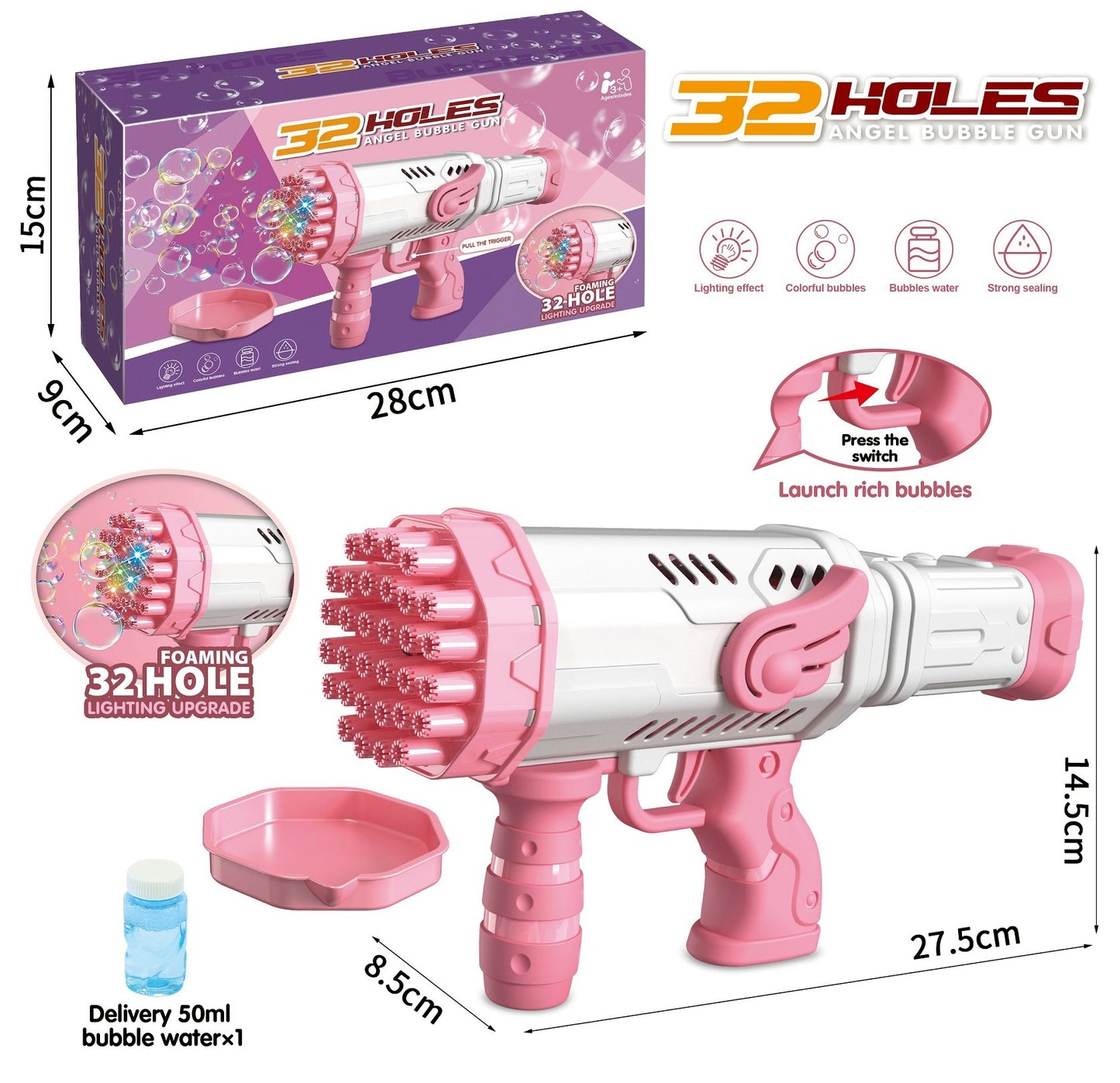 TOYBILLION 32 Holes Bubble Gun with Light