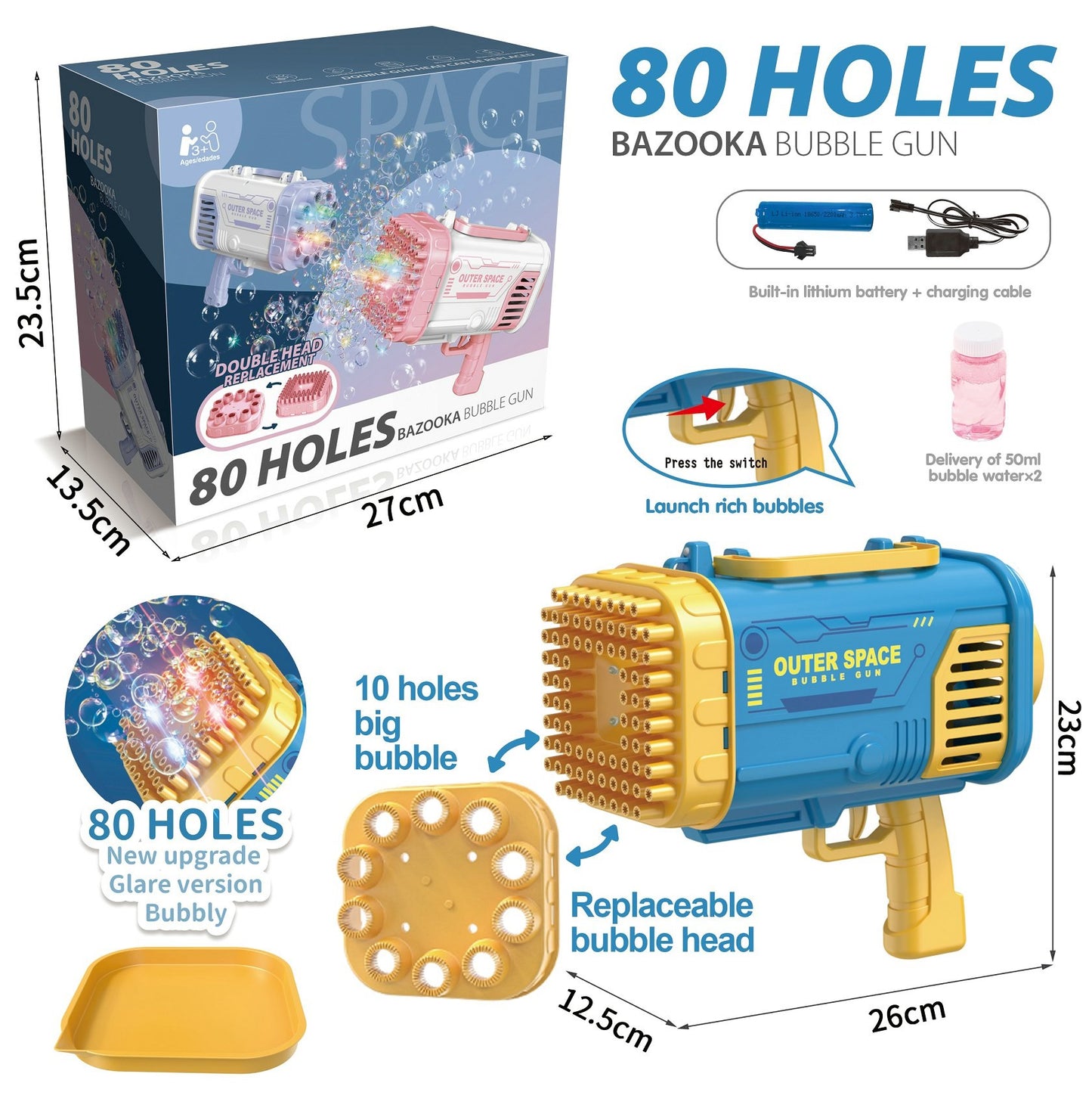 TOYBILLION 80 Holes Bubble Gun with Light