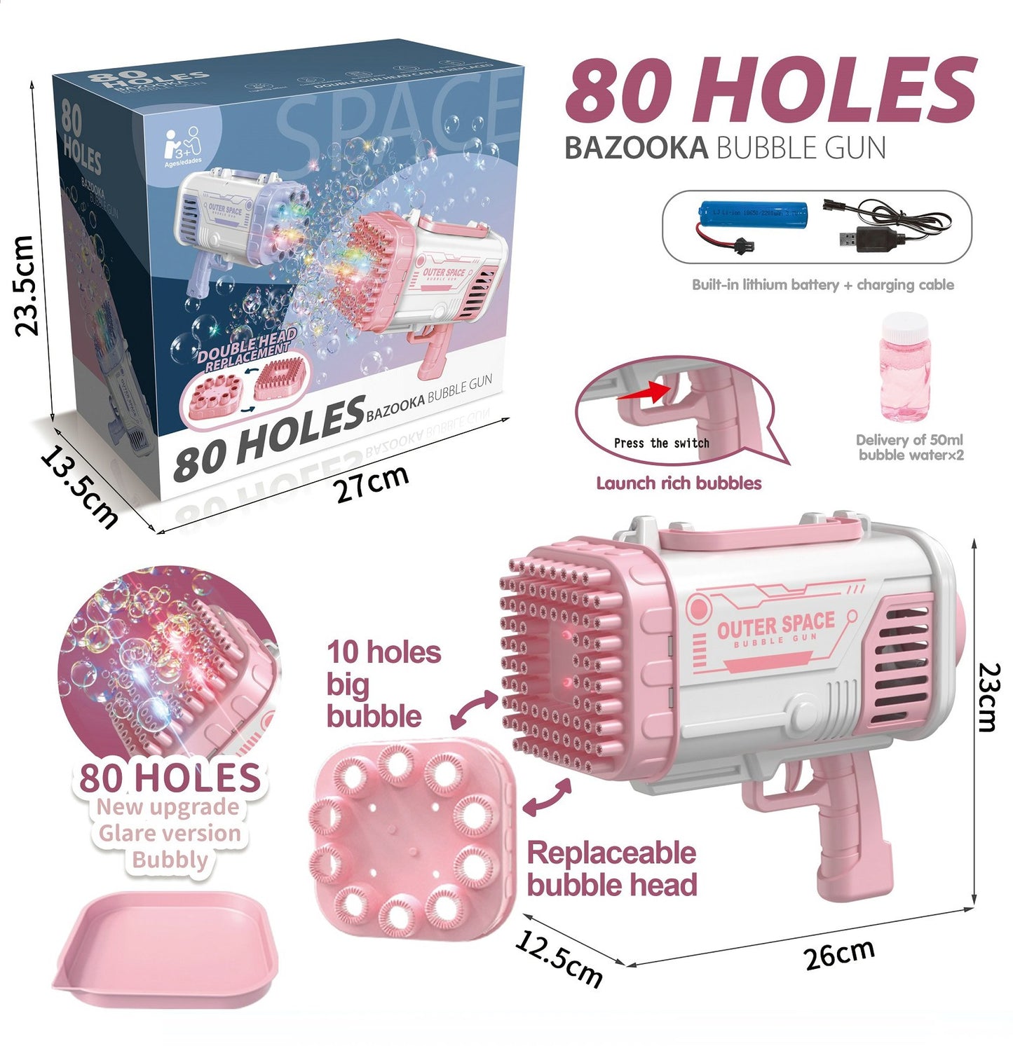 TOYBILLION 80 Holes Bubble Gun with Light