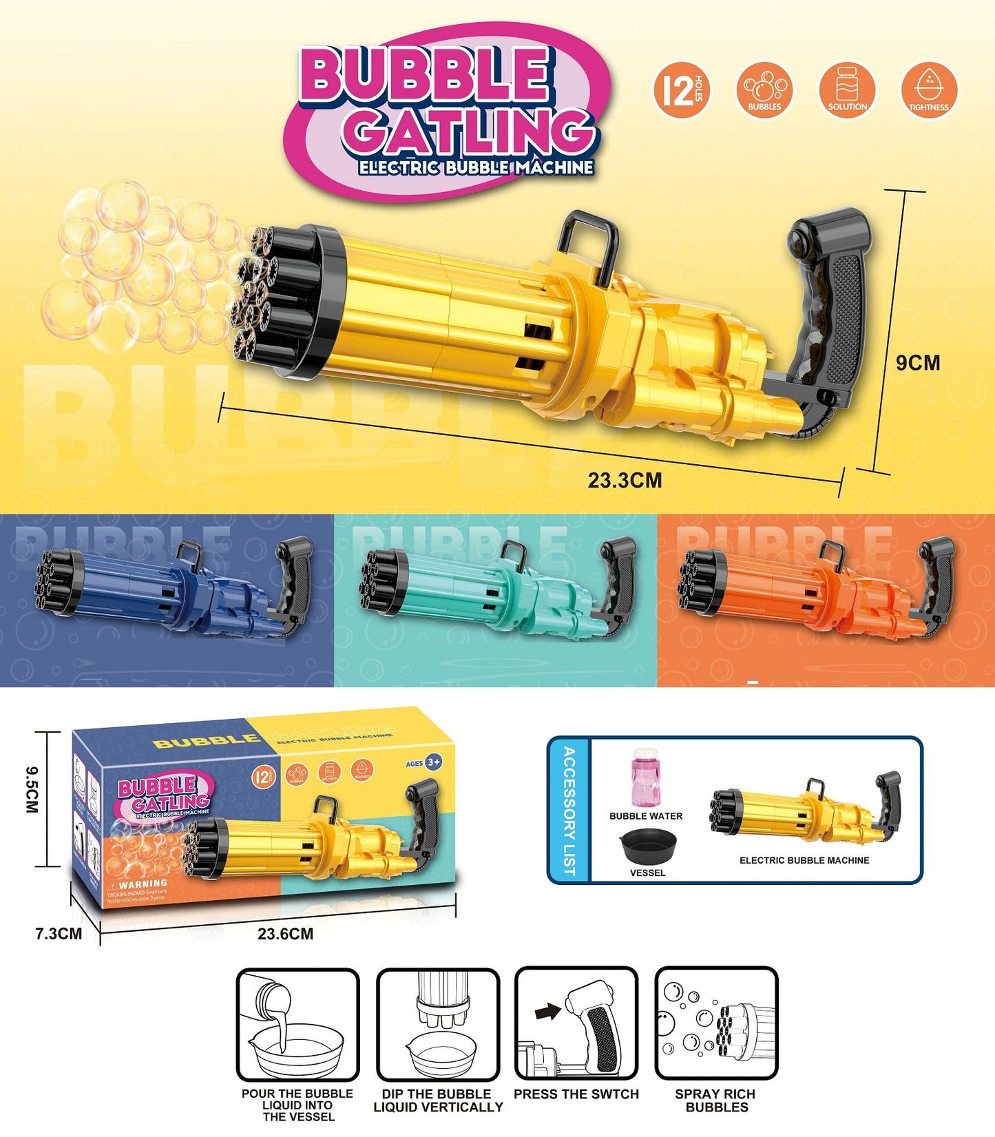 TOYBILLION 12 Holes Bubble Gun - Golden / Purple / Green / Red