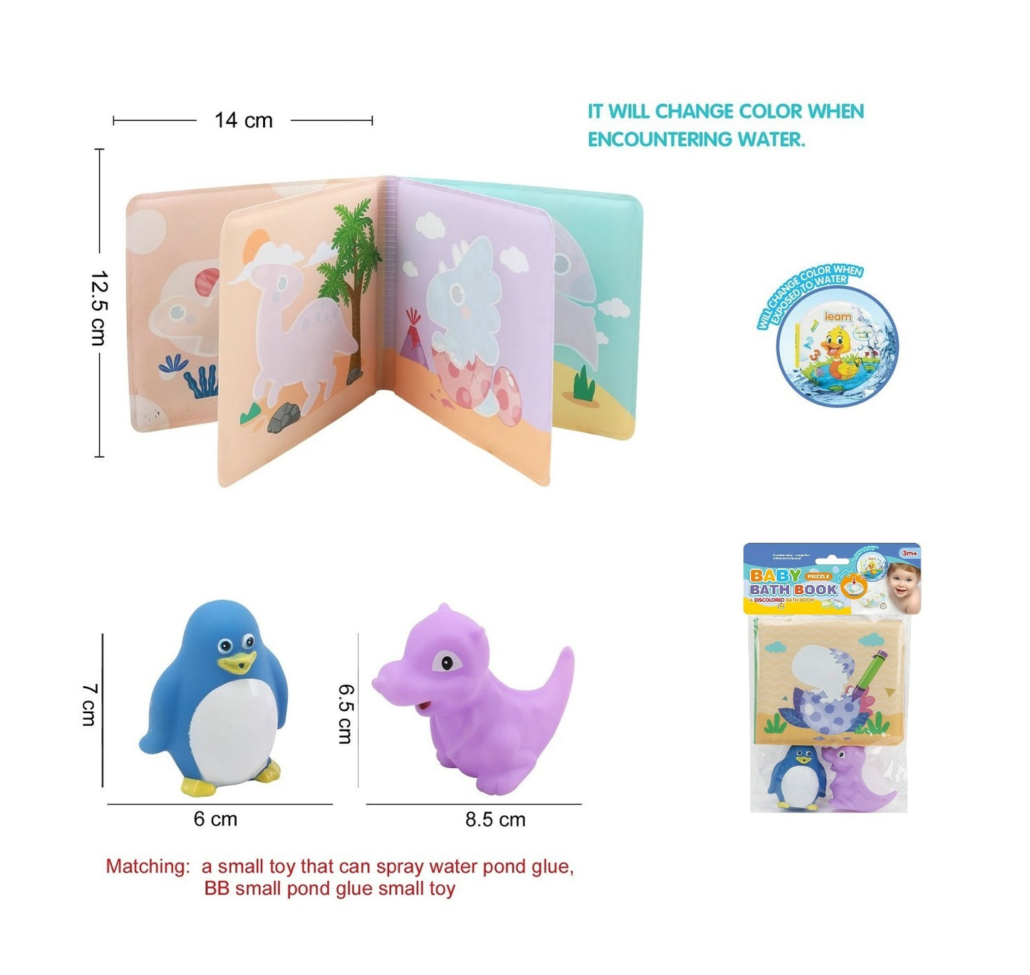 TOYBILLION Baby Bath Book with 2 Rubber Animal--Dinosaur World Magic Discoloration Waterproof Bathtime Toys for Toddlers