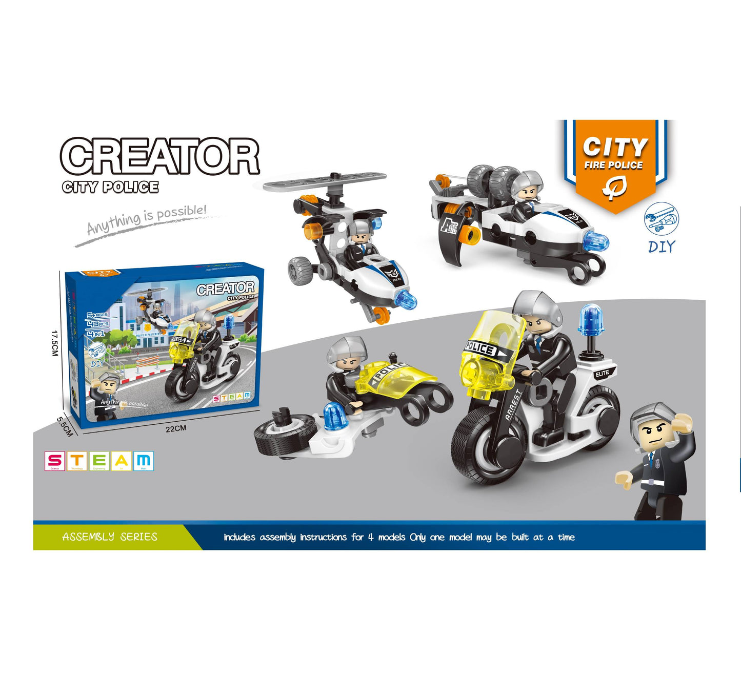 TOYBILLION 4-in-1 City Police 43 Pieces STEM Building &Play Kits DIY Toys