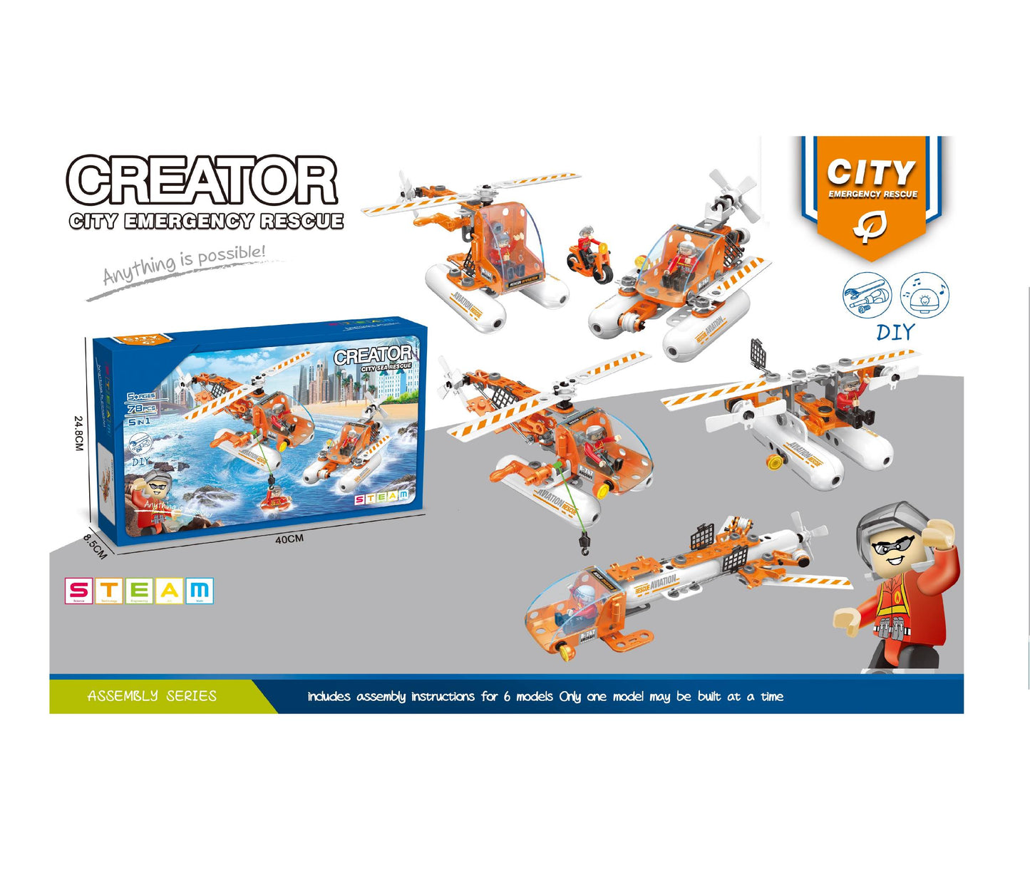 TOYBILLION 5-in-1 City Resuce78 Pieces STEM Building &Play Kits DIY Toys