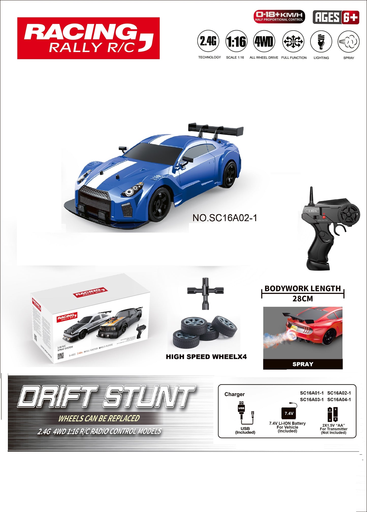 TOYBILLION 1:16 Scale Racing RC Drift Car 2.4Ghz / 4WD RTR High Speed RC Vehicle with LED Lights, All Batteries and Drifting Wheels + Racing Wheels