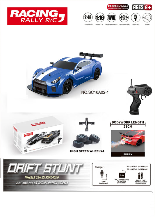 TOYBILLION 1:16 Scale Racing RC Drift Car 2.4Ghz / 4WD RTR High Speed RC Vehicle with LED Lights, All Batteries and Drifting Wheels + Racing Wheels