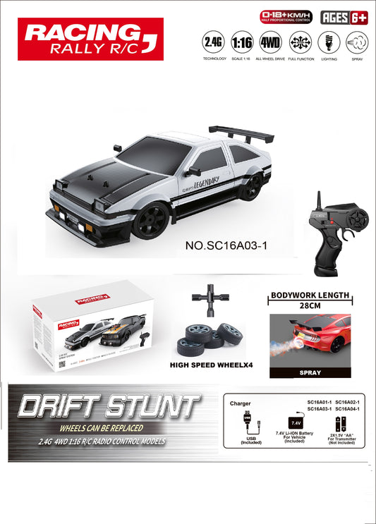 TOYBILLION 1:16 Scale Racing RC Drift Car 2.4Ghz / 4WD RTR High Speed RC Vehicle with LED Lights, All Batteries and Drifting Wheels + Racing Wheels