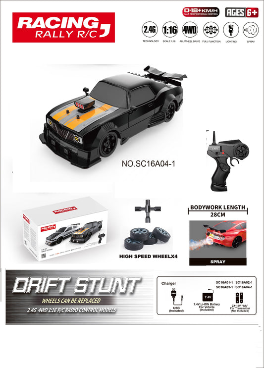 TOYBILLION 1:16 Scale Racing RC Drift Car 2.4Ghz / 4WD RTR High Speed RC Vehicle with LED Lights, All Batteries and Drifting Wheels + Racing Wheels