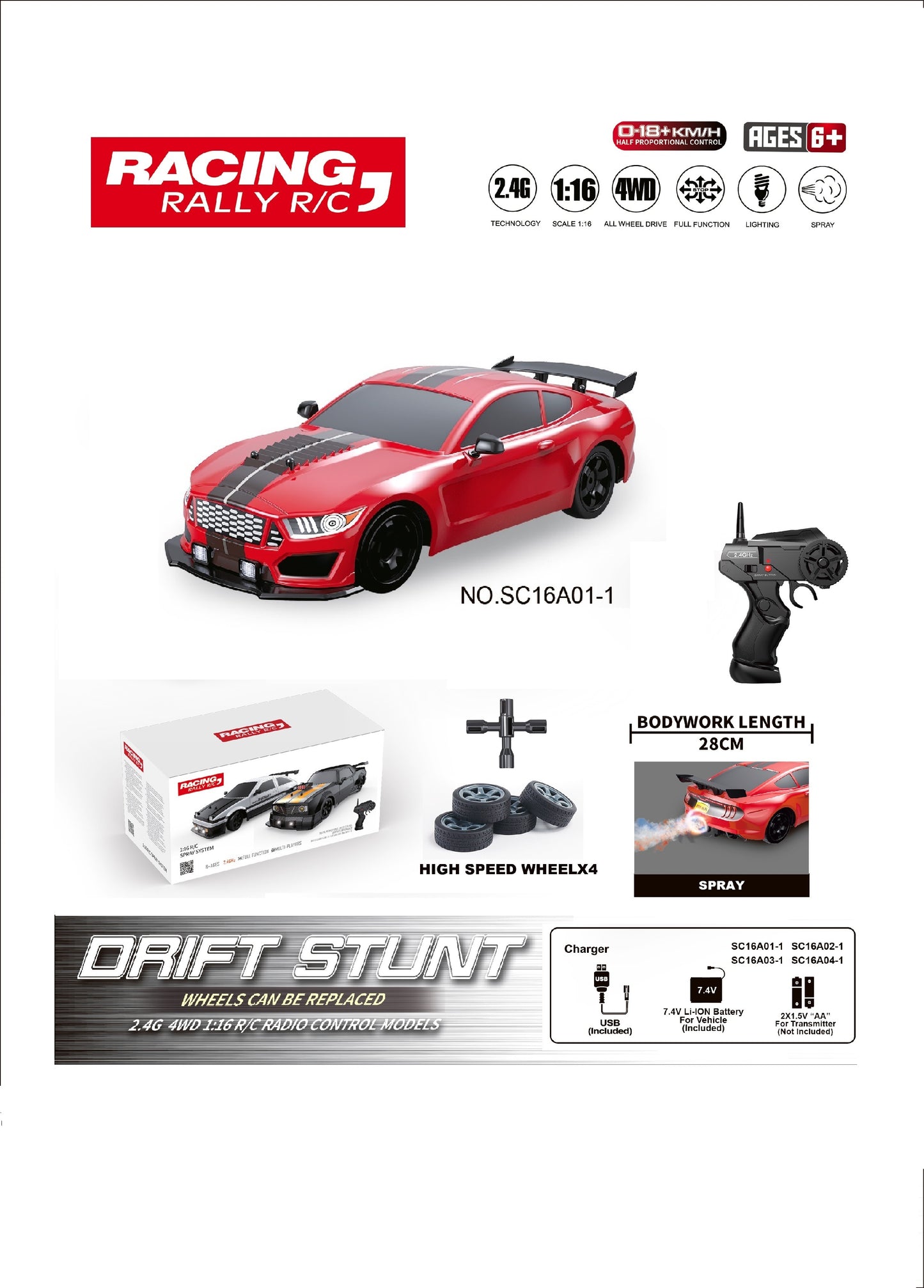 TOYBILLION 1:16 Scale Racing RC Drift Car 2.4Ghz / 4WD RTR High Speed RC Vehicle with LED Lights, All Batteries and Drifting Wheels + Racing Wheels