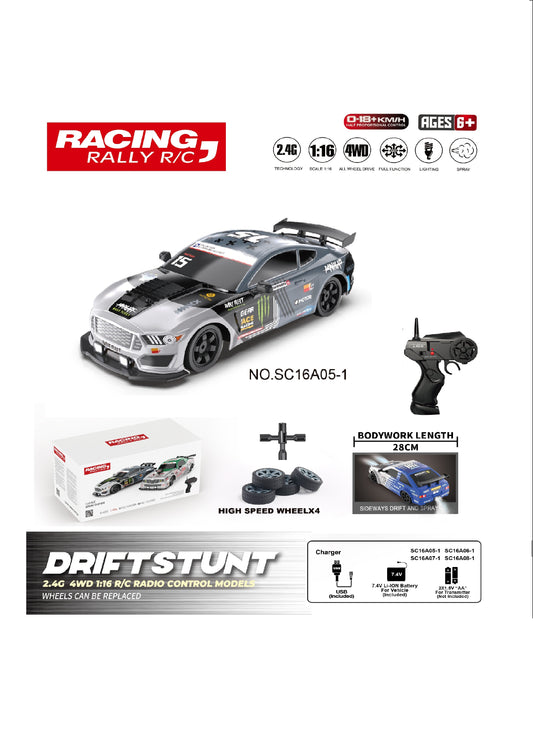 TOYBILLION 1:16 Scale Racing RC Drift Car 2.4Ghz / 4WD RTR High Speed RC Vehicle with LED Lights, All Batteries and Drifting Wheels + Racing Wheels