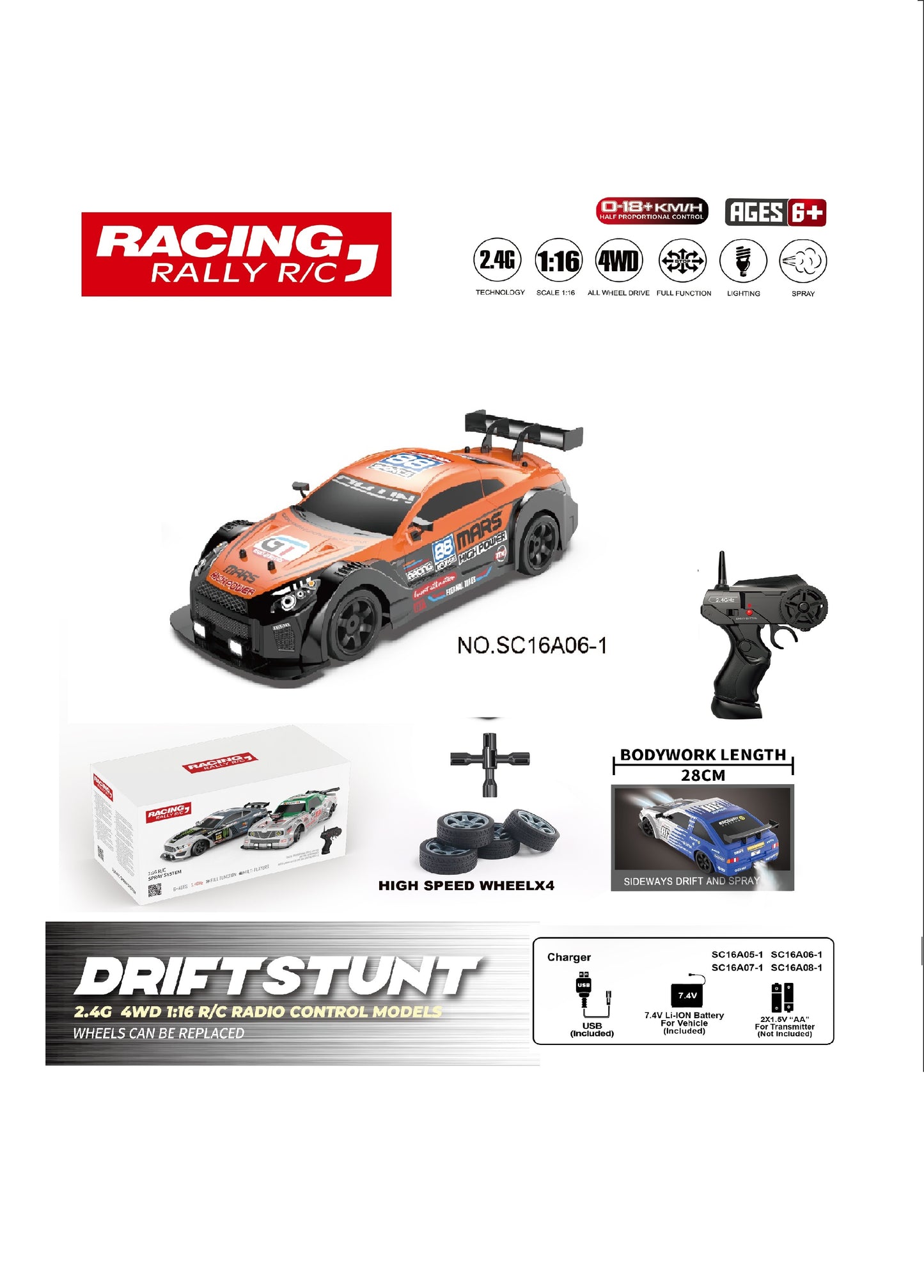 TOYBILLION 1:16 Scale Racing RC Drift Car 2.4Ghz / 4WD RTR High Speed RC Vehicle with LED Lights, All Batteries and Drifting Wheels + Racing Wheels