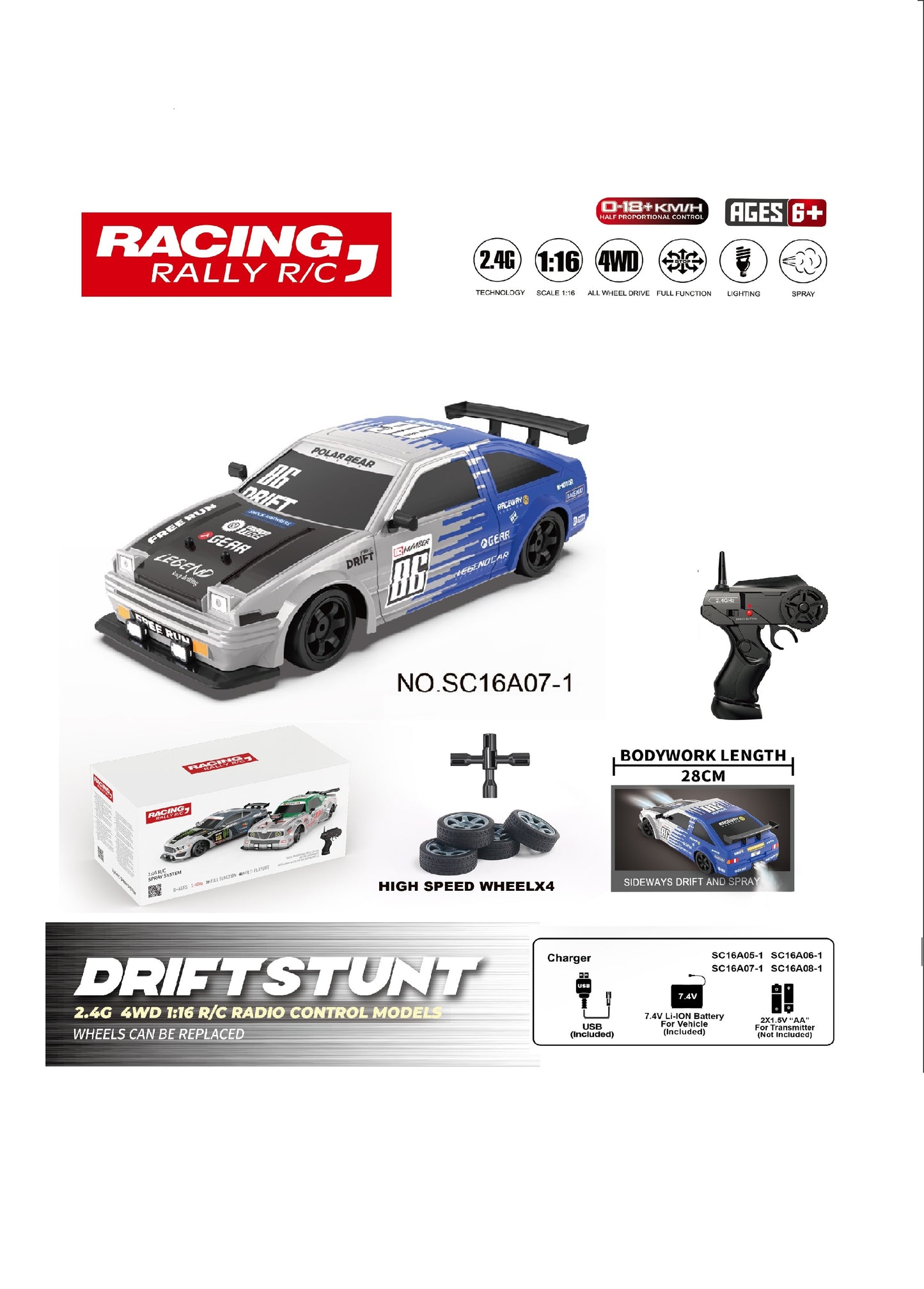 TOYBILLION 1:16 Scale Racing RC Drift Car 2.4Ghz / 4WD RTR High Speed RC Vehicle with LED Lights, All Batteries and Drifting Wheels + Racing Wheels