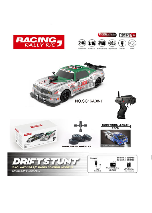 TOYBILLION 1:16 Scale Racing RC Drift Car 2.4Ghz / 4WD RTR High Speed RC Vehicle with LED Lights, All Batteries and Drifting Wheels + Racing Wheels